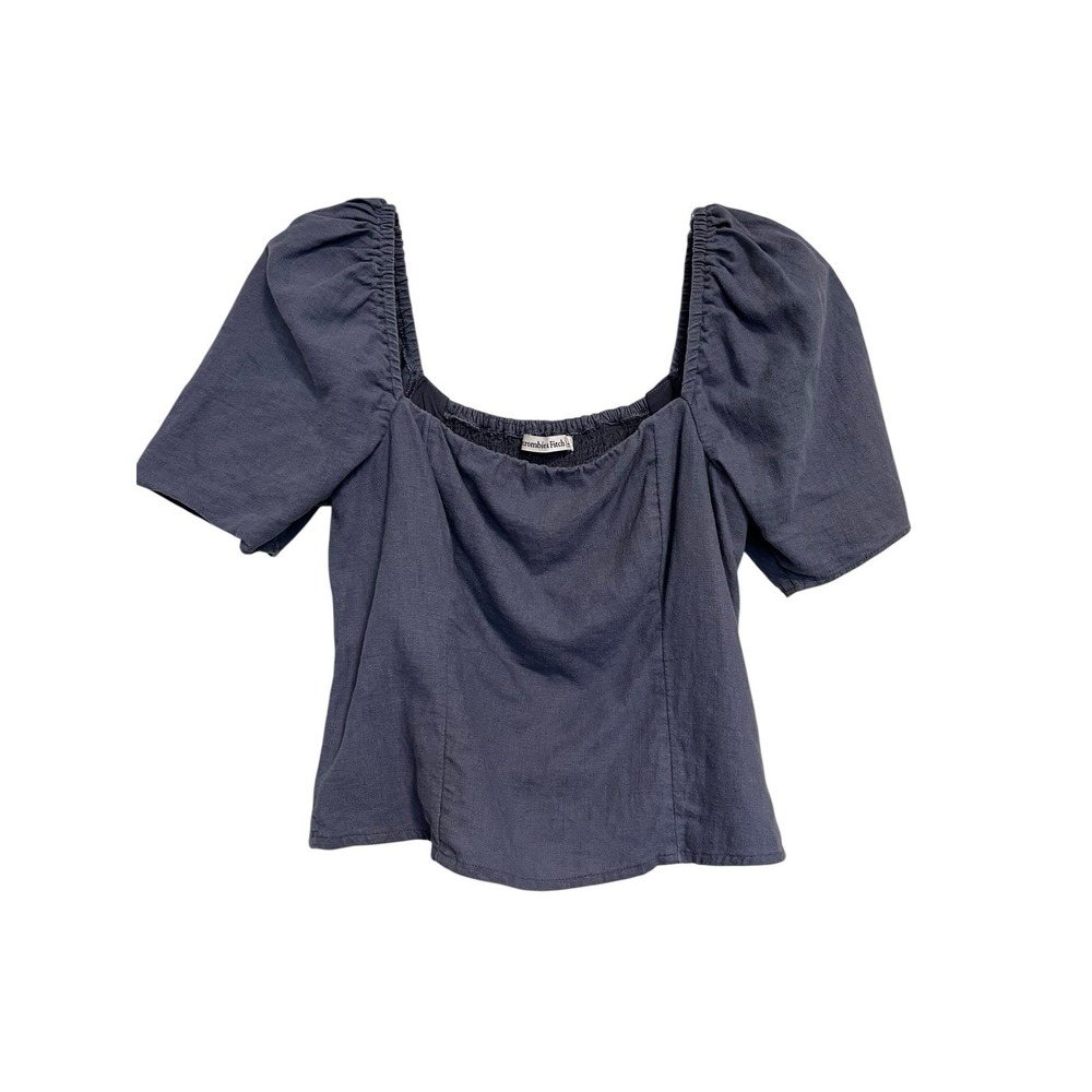 ABERCROMBIE & FITCH Sz S Top Linen Blend Puff Sleeve Crop Smocked Blue Milkmaid